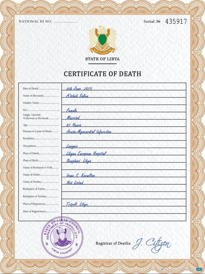 Download Libya vital record death certificate PSD template Photoshop template